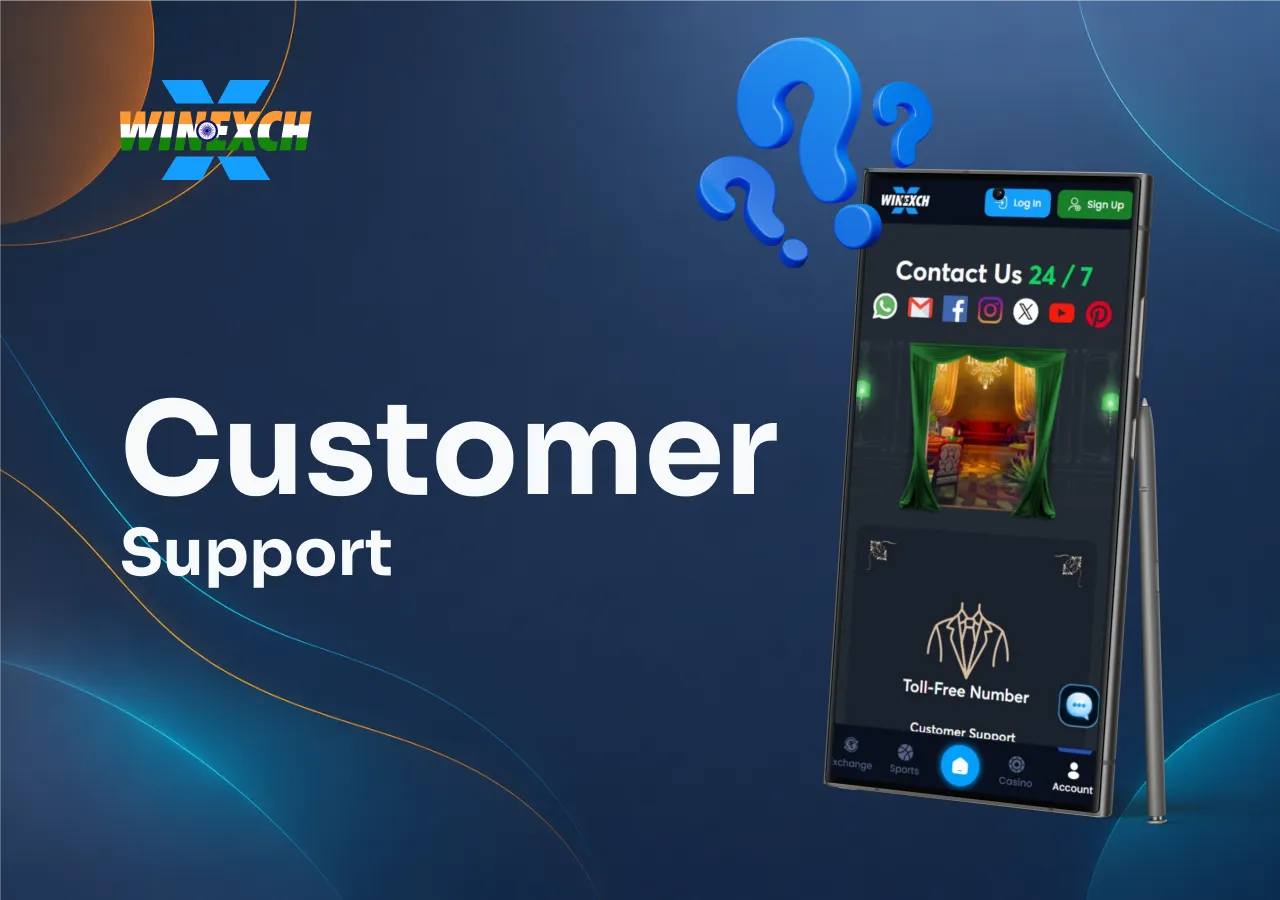 Winexch Laptop displaying contact options with free phone support, email, Facebook, and Instagram.